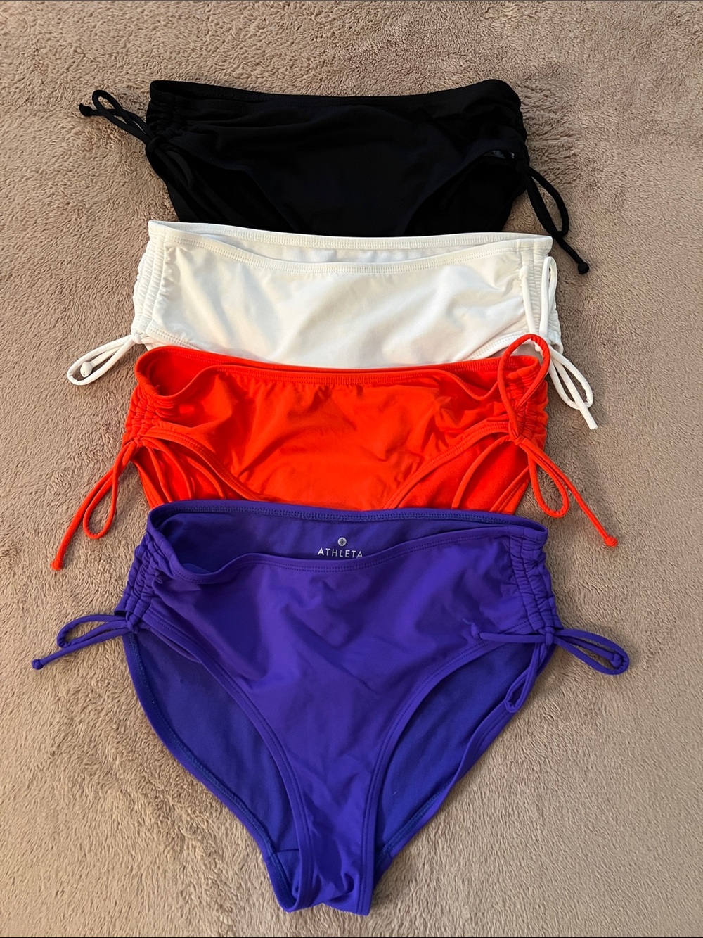 Athleta Full Scrunch Hipster Swim Bottoms in Blue, Black, White & Red-Orange
